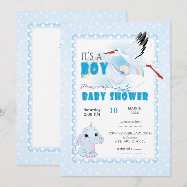 Cute Elephant Baby Shower Invitation. It is a boy Invitation (Front/Back)