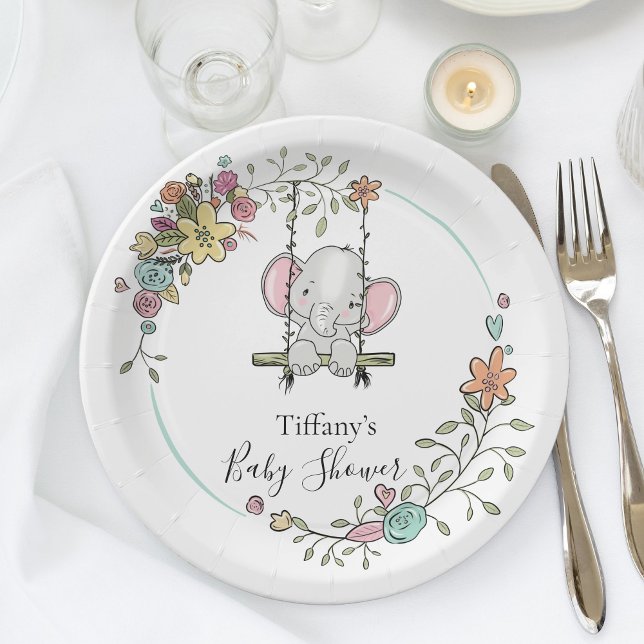 Cute Elephant Baby Shower Party Decor with Floral  Paper Plate (Creator Uploaded)