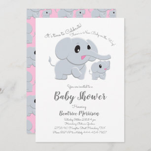 Cute Elephant Baby Shower Pink Girl Invitation