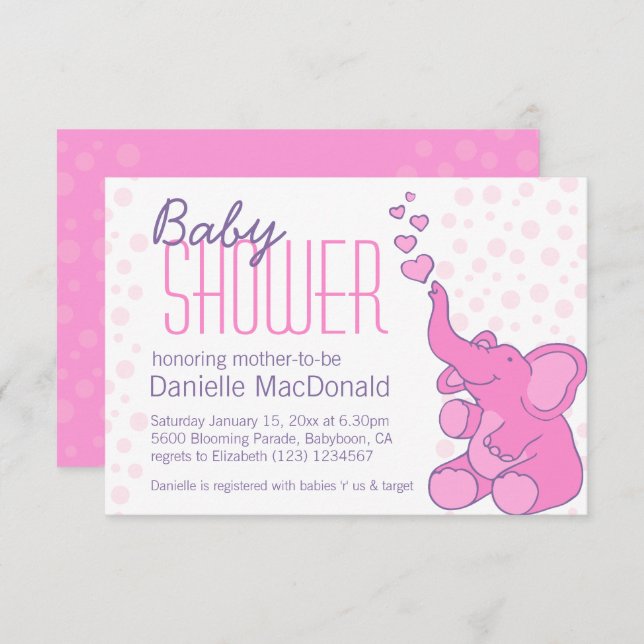 Cute Elephant baby shower pretty pink invitation (Front/Back)