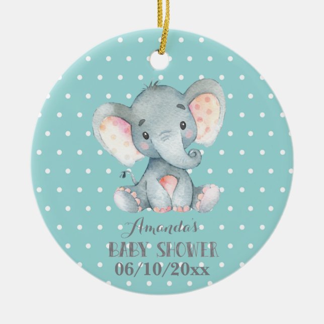 Cute Elephant Baby Shower Teal and Grey Ceramic Ornament (Front)