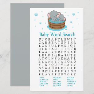 Cute Elephant Baby Shower Word Search Game