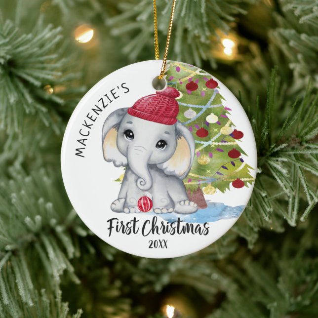 Cute Elephant Baby's First Christmas Personalized Ceramic Ornament (Tree)
