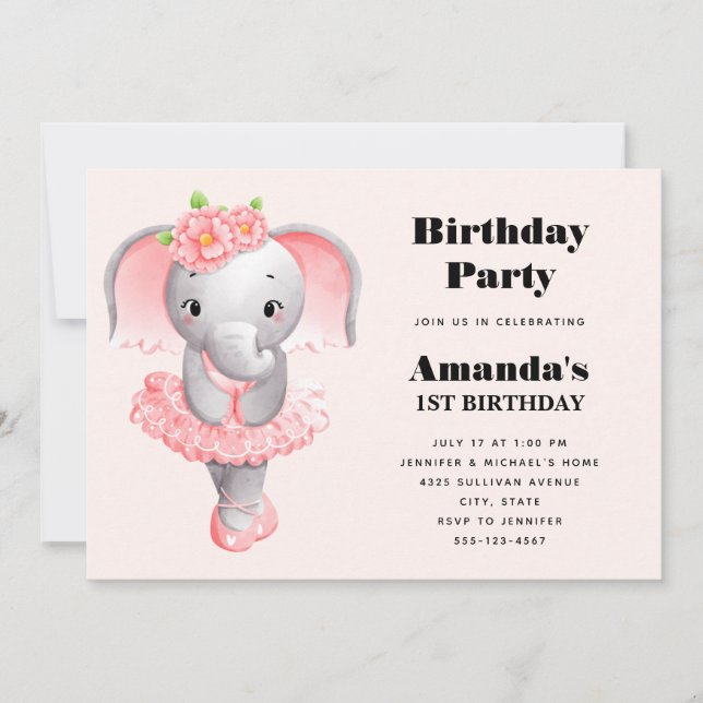Cute Elephant Ballerina Pink & Grey Birthday Invitation (Front)