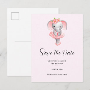Cute Elephant Ballerina Pink & Grey Save the Date Invitation Postcard