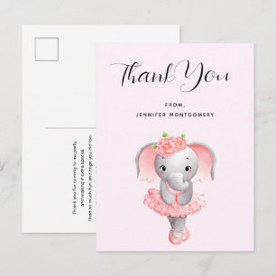 Cute Elephant Ballerina Pink & Grey Thank You Postcard