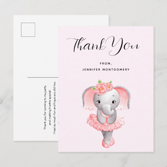 Cute Elephant Ballerina Pink & Grey Thank You Postcard (Front/Back)