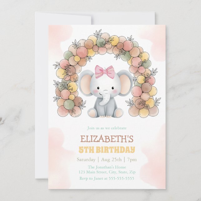Cute Elephant Balloon Arch Birthday Party Invitation (Front)