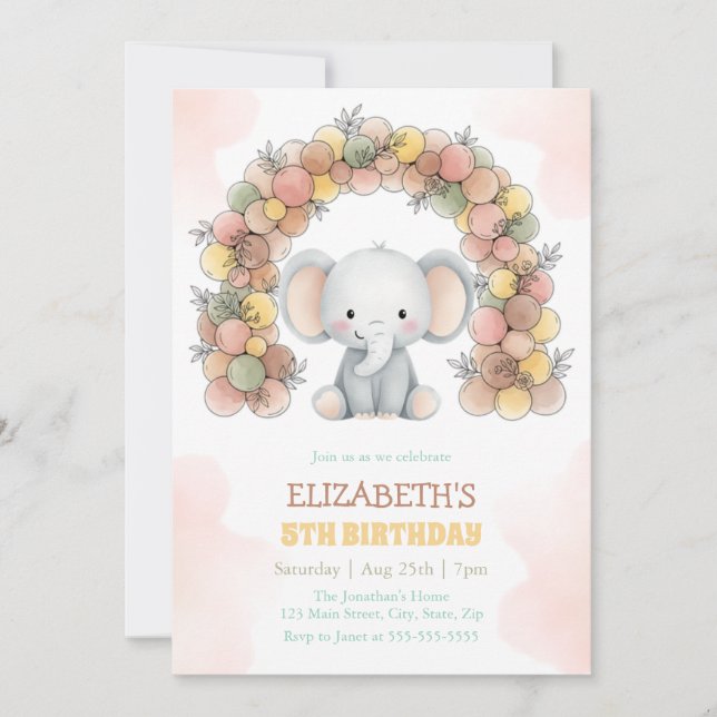 Cute Elephant Balloon Arch Birthday Party Invitation (Front)