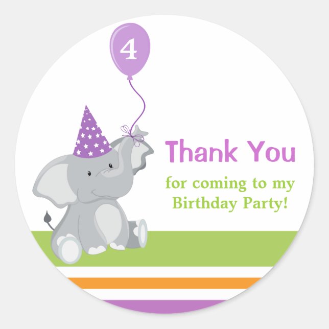 Cute Elephant & Balloon Birthday Thank You Sticker (Front)