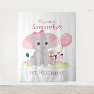 Cute Elephant balloon Girl Birthday Backdrop Tapestry