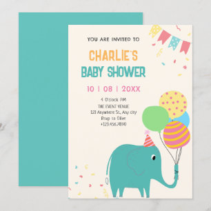 Cute elephant balloons baby shower invitation
