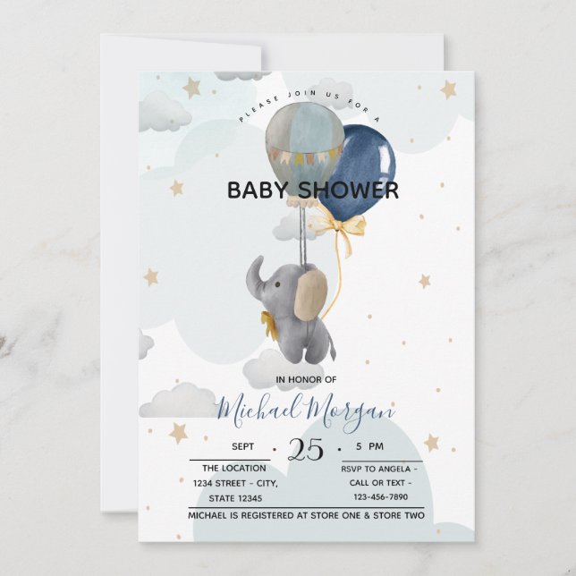 Cute Elephant Balloons Clouds Baby Shower   Invitation (Front)