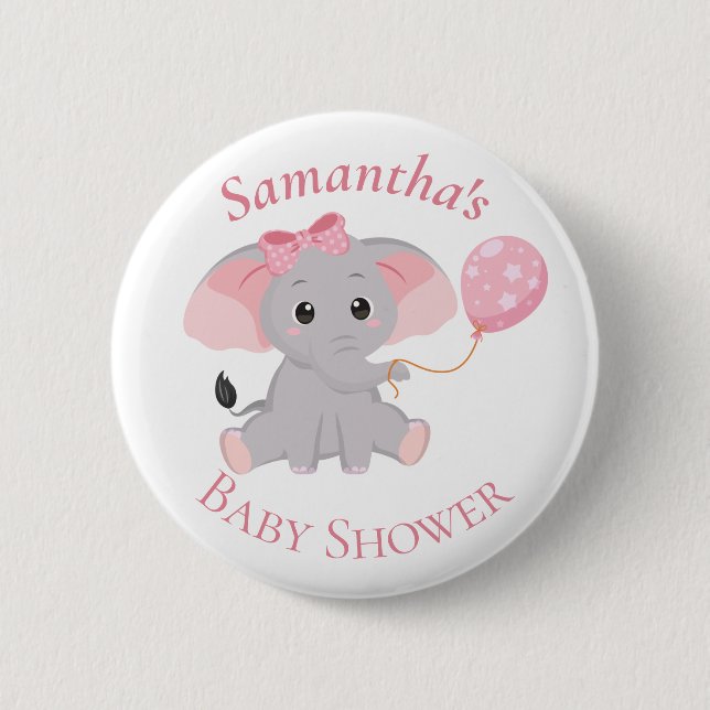 Cute Elephant  Balloons Pink Baby Shower  Button (Front)