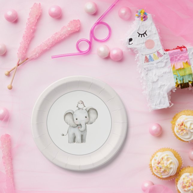 Cute Elephant Bird Birthday Paper Plate (Party)