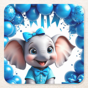 Cute Elephant Birthday Balloons Party 🐘 Square Paper Coaster
