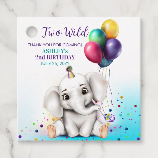 Cute Elephant Birthday Party Favour Tags (Front)
