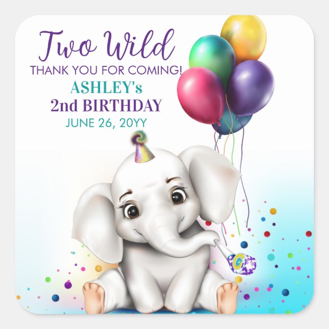 Cute Elephant Birthday Party Square Sticker (Front)