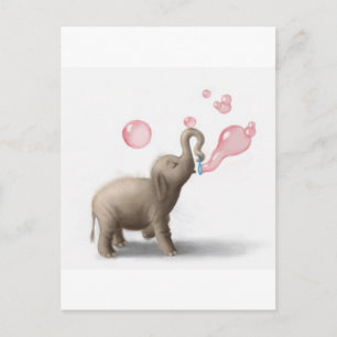 cute elephant blowing pink bubbles postcard