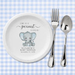 Cute Elephant Blue Baby Boy Shower Paper Plate<br><div class="desc">Cute paper plates for your baby boy shower with "A Sweet Little Peanut Is On His Way" in soft grey typography and a stylish script with swashes,  and a pastel blue watercolor of a baby elephant. Personalize the mother-to-be's name and shower date in simple grey typography.</div>