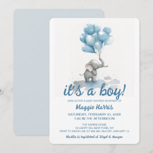 Cute Elephant Blue Baloons It's a Boy Baby Shower Invitation