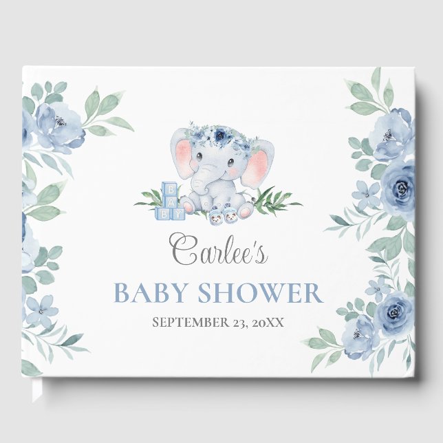 Cute Elephant Blue Boy Baby Shower Guest Book (Front)