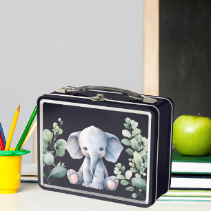 Cute elephant blue custom name metal lunch box