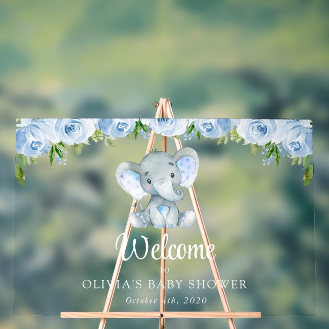 Cute Elephant, Blue Flowers, Baby Shower Welcome Acrylic Sign (Neutral)
