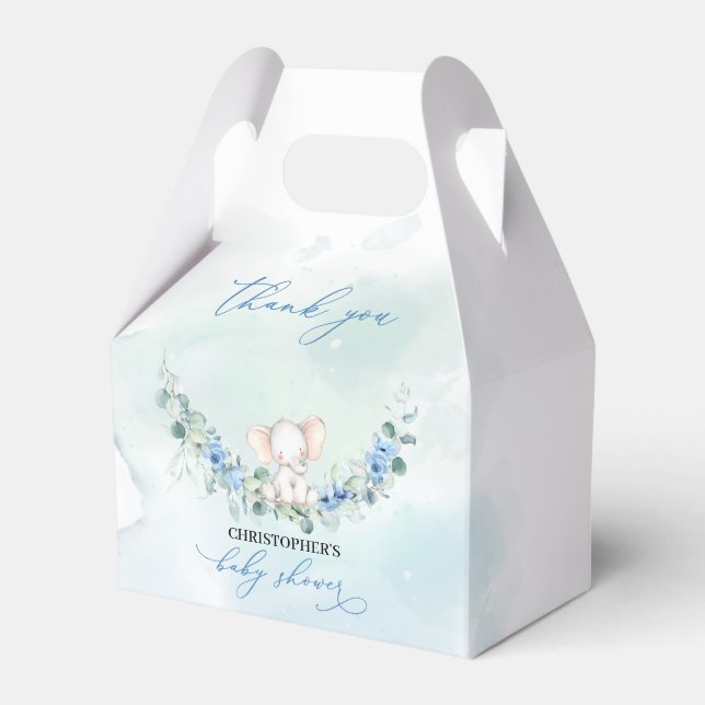 Cute elephant blue flowers eucalyptus wreath favor box (Front Side)