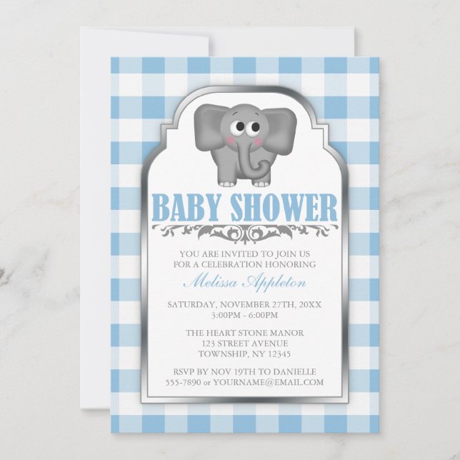 Cute Elephant Blue Gingham Baby Shower Invitations (Front)