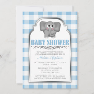 Cute Elephant Blue Gingham Baby Shower Invitations
