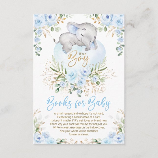 Cute Elephant Blue Gold Floral Books for Baby Boy Enclosure Card (Front)