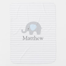 Cute Elephant Blue Grey Striped Boy Baby Blanket