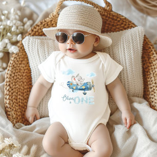 Cute Elephant Blue Plane One 1st Birthday Outfit Baby Bodysuit