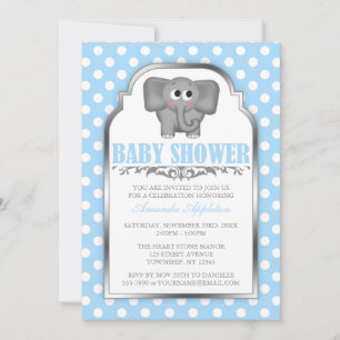 Cute Elephant Blue Polka Dot Baby Shower Invitation