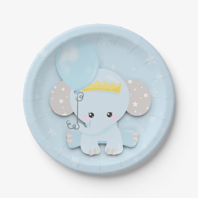 Cute Elephant Blue Stars Boy Baby Shower Paper Plate (Front)