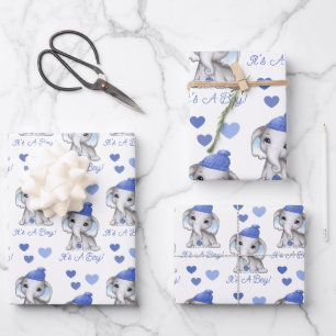Cute Elephant Blue Winter Baby Boy Shower Wrapping Paper Sheet