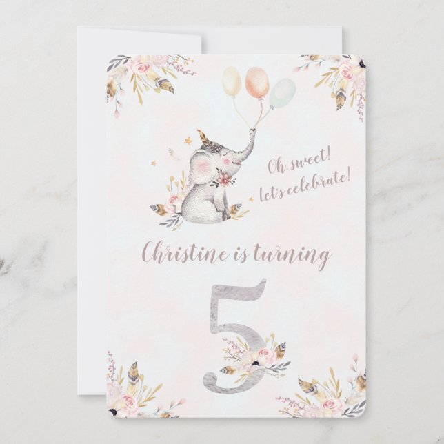 Cute Elephant Boho Floral Cinquième Invitation d'a (Devant)