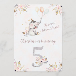 Cute Elephant Boho Floral Cinquième Invitation d'a