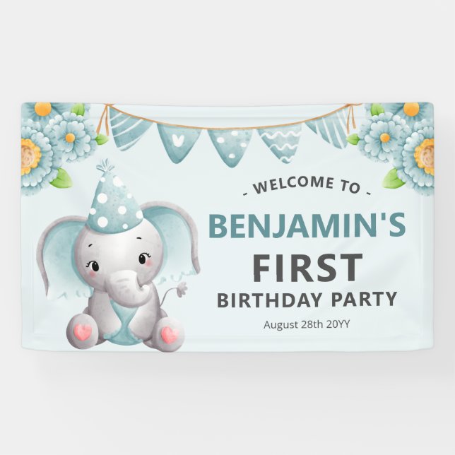 Cute Elephant Boy 1st Birthday Party Banner (Horizontal)