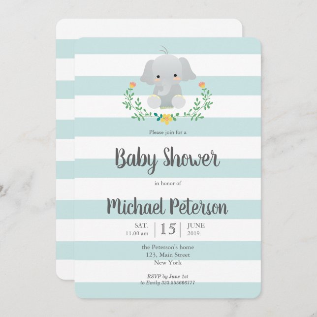 Cute elephant boy baby shower invitation (Front/Back)