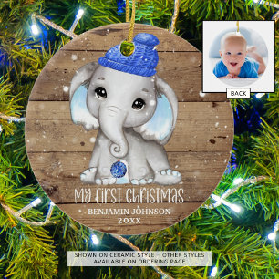 Cute Elephant Boy Baby's FIRST CHRISTMAS Rustic Ceramic Ornament