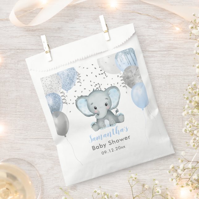 Cute Elephant Boy Balloons Baby Shower Favour Bag (Clipped)