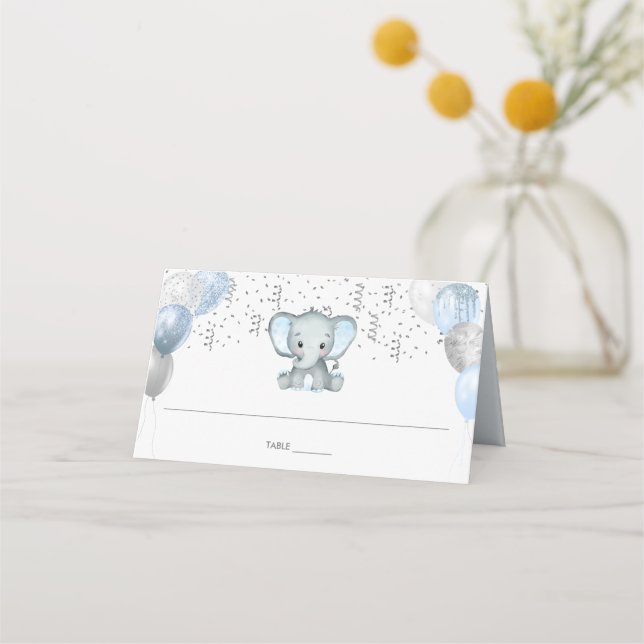 Cute Elephant Boy Balloons Baby Shower Guest Name Place Card (Back)
