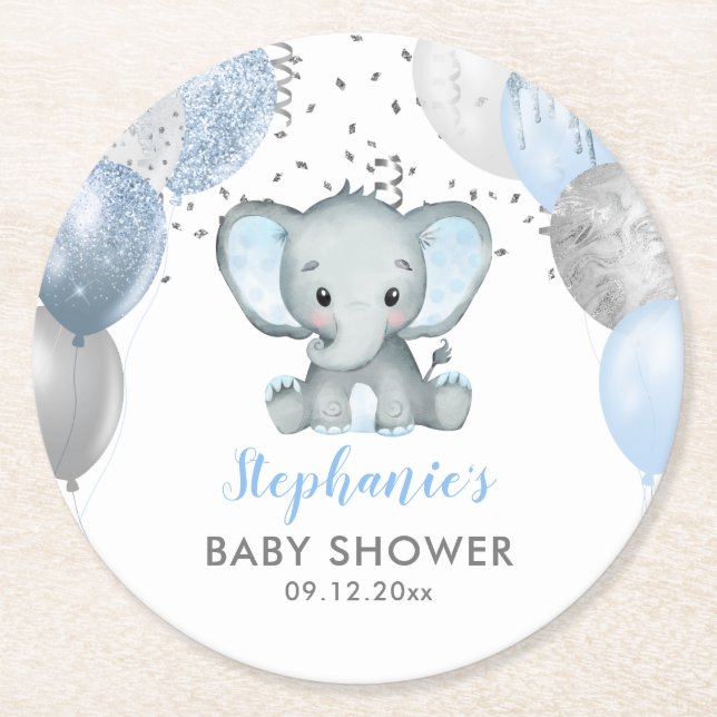 Cute Elephant Boy Balloons Baby Shower Round Paper Coaster (Front)