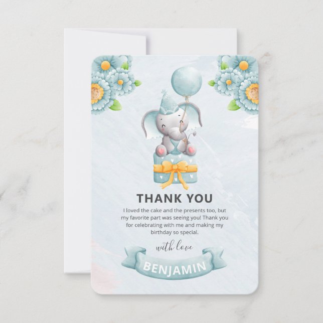 Cute Elephant Boy Birthday Party  Thank You Card (Front)