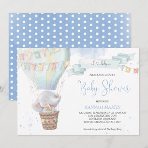 Cute Elephant Boy Blue Hot Air Balloon Baby Shower Invitation