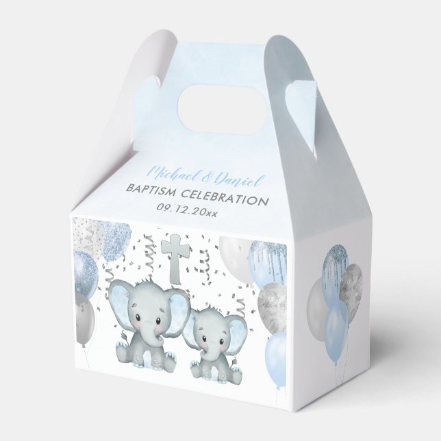 Cute Elephant Boys Balloon Baptism Favor Box (Front Side)