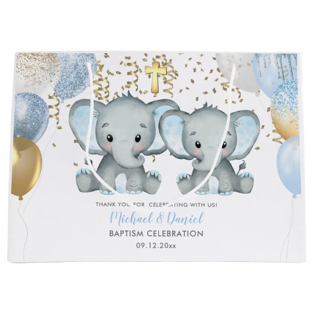 Cute Elephant Boys Balloon Baptism Large Gift Bag (Front)