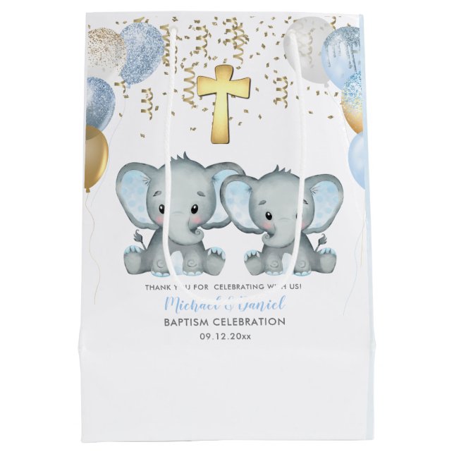 Cute Elephant Boys Balloon Baptism Medium Gift Bag (Back)
